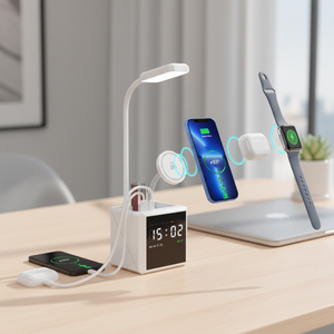Lampe de bureau multifonctionnelle 3 en 1, station de charge magnétique sans fil, double réveil, chargeur de téléphone sans fil Magsafered 15W - Product Image 1