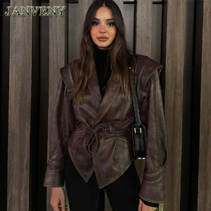 JANVENY 2024 Giacche in Ecopelle con Colletto per <span class=keywords><strong>Donna</strong></span>, Stile Vintage con Lacci, Maniche Lunghe, <span class=keywords><strong>Blazer</strong></span> Corto in <span class=keywords><strong>Pelle</strong></span> PU - Product Image 1