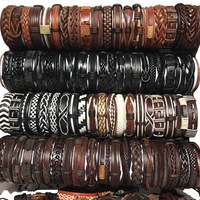 Bracelets en Cuir Véritable Tressés Réglables Ethniques avec Perles en Bois Tribales, Manchette Enroulée Tissée, pour Hommes – Vente en Gros