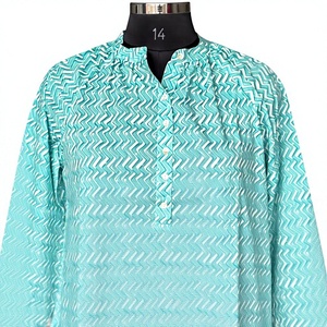 Kurta de Algodón Recta con Cuello Mandarín para Mujer, Estampado Chevron Turquesa y Zigzag Azul Agua, Estilo Casual de Verano, ODM - Product Image 4