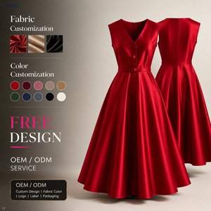 Robe midi décontractée pour femme, personnalisée, rouge, aspect satiné, col en V, sans manches, boutonnée sur le devant, taille ceinturée, coupe trapèze, unie, pour soirée - Product Image 1