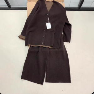 2025 Set di Cardigan con scollo a V marrone lavorato a maglia morbido da <span class=keywords><strong>donna</strong></span> con coulisse pantaloni larghi, abito di fascia alta delicato stile pigro dan-7 - Product Image 3