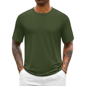Camisetas de algodón Cotrasen para hombre UPF 50 + con hombro caído, cuello redondo informal de verano; camisetas suaves y holgadas con patrón sólido - Product Image 1