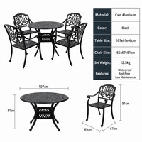 Ensemble de table à manger d'extérieur en aluminium moulé en 5 pièces avec quatre fauteuils ornés de sculptures pour jardin et terrasse