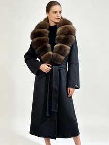 <span class=keywords><strong>Manteau</strong></span> <span class=keywords><strong>long</strong></span> en <span class=keywords><strong>laine</strong></span> double face Janveny de luxe pour <span class=keywords><strong>femme</strong></span> avec col en vraie fourrure de renard, ceinture à la taille, élégant et chaud, mélange de <span class=keywords><strong>laine</strong></span> - Product Image 1