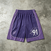 Shorts en maille violette imprimé 91, style basket, coupe vintage, streetwear, mode masculine, vente en gros, lot en vrac, été