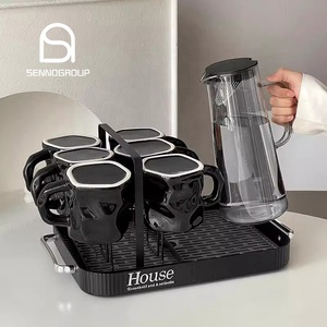 Cổ điển nước thủy tinh Jug <span class=keywords><strong>Set</strong></span> Đen xoắn gốm cốc sữa phòng khách Tea Pot <span class=keywords><strong>Pitcher</strong></span> <span class=keywords><strong>Set</strong></span> với cống khay - Product Image 1