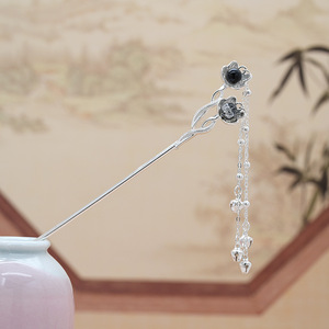 Épingle à cheveux <span class=keywords><strong>vintage</strong></span> à double fleur avec cloche de jade et pompon élégant à franges Épingle à cheveux polyvalente de style ancien - Product Image 4