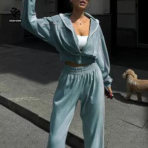 F5169 ensemble deux pièces pour femmes vêtements pour femmes haut court en velours et pantalon à jambes larges ensemble Y2k décontracté Streetwear survêtement pour femmes - Product Image 3