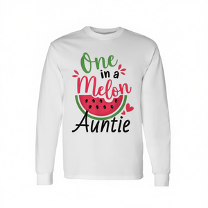 Camiseta de manga larga con cuello redondo y estampado digital para adultos unisex de One in a Melon Auntie, camiseta a juego para la familia, camiseta para fiesta de primer cumpleaños - Product Image 2