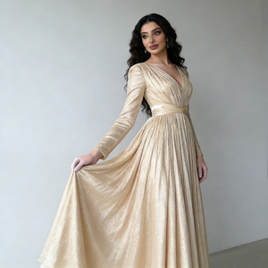 Robes pour femmes, or, col en V profond, manches longues, plissées, ceinture à nouer, élégantes, formelles, longues - Product Image 4