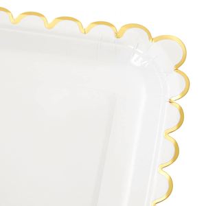 Assiettes en carton jetables carrées à bords festonnés 9 pouces, motif feuille d'aluminium blanc et or, carton blanc 350 g/m², approuvé par la FDA, fournitures de fête - Product Image 3