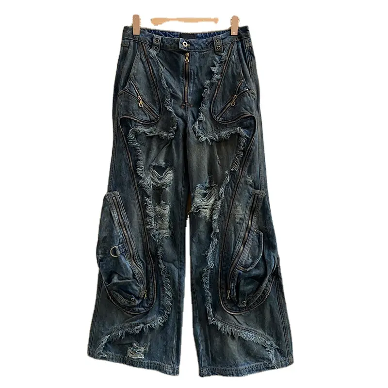高品質メーカーOEM & ODMジーンズ洗浄古い破れた穴タッセルストレートジーンズファッションオールマッチルーズロングデニムパンツ