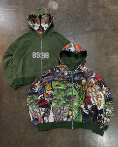 Felpe con Cappuccio Y2K Personalizzate OEM con Spalle Scivolate e Zip 400GSM in Cotone Stampa Graffiti All Over a Sublimazione Oversize Grafica <span class=keywords><strong>Anime</strong></span> da Uomo - Product Image 2