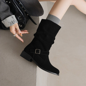 Usine en gros Vintage vache <span class=keywords><strong>daim</strong></span> femmes <span class=keywords><strong>bottes</strong></span> 2025 automne bout rond mode boucle de ceinture <span class=keywords><strong>mi</strong></span> talons <span class=keywords><strong>mi</strong></span>-<span class=keywords><strong>mollet</strong></span> <span class=keywords><strong>bottes</strong></span> grandes tailles 48 - Product Image 3