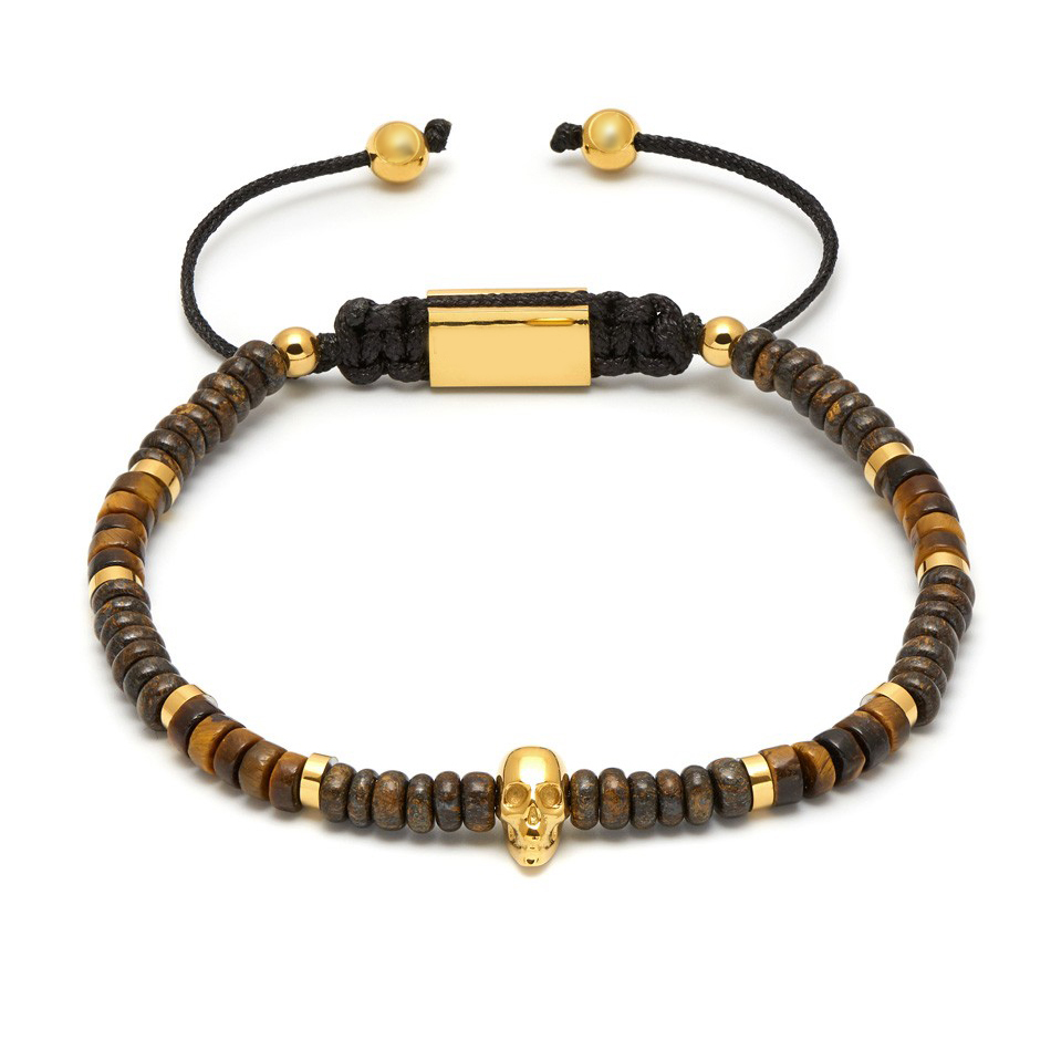Unisex Weaving Beaded Adjustable Gold Skull Skeleton Charm Men Jewelry Tiger Eyes Brown Beads Bracelet