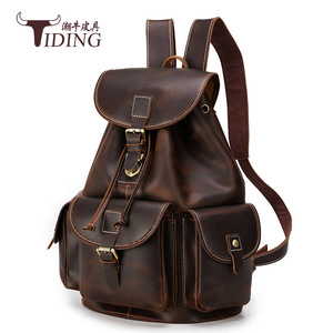 Tiding Crazy Horse Leather <b>Backpack</b> <b>Large</b> Capacity Men's Outdoor Travel <b>Backpack</b> Solid Color Detachable Strap - Product Image 1
