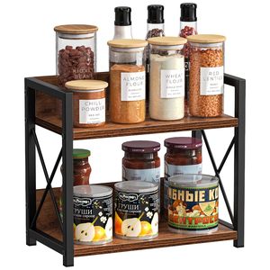 Iron Wood Double Layer Storage <b>Rack</b> For <b>Kitchen</b> Countertop Food Condiment Organization 2 Tier Shelf - Product Image 1