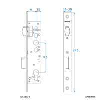 Serrure de porte étroite DIROCK 92ZR, entraxe 30/35 mm, distance entre centres 92 mm, serrure à mortaise en acier inoxydable avec loquet à rouleau