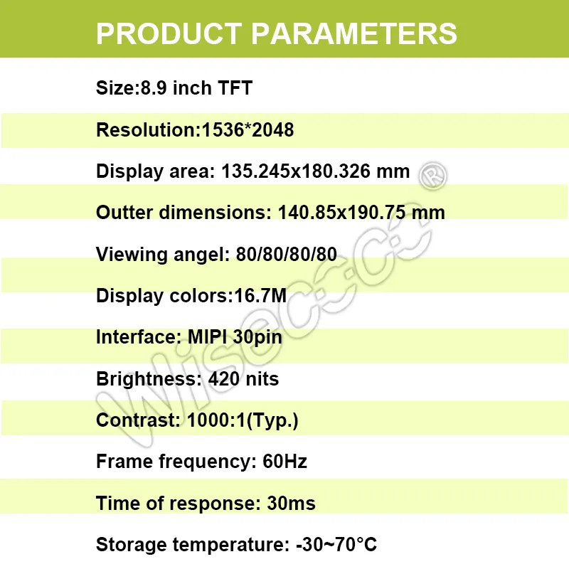 Wiseco vuông TFT LCD 8.9 inch mipi 30pins chấp nhận tùy chỉnh độ sáng phạm vi nhiệt độ 1536*2048 LCD hiển thị IPS màn hình