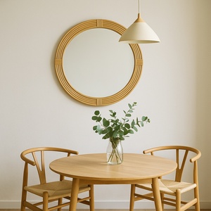 Elegant <strong>Round</strong> Wall <strong>Mirror</strong> Natural <strong>Oak</strong> Finish Wooden Frame Hanging <strong>Mirror</strong> for Dining Room - Product Image 1