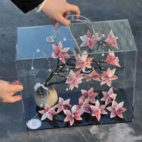 Boîte cadeau de luxe en acrylique transparent avec poignée, base miroir, boîte à fleurs transparente, sac fourre-tout pour mariage, Saint-Valentin, remise de diplôme