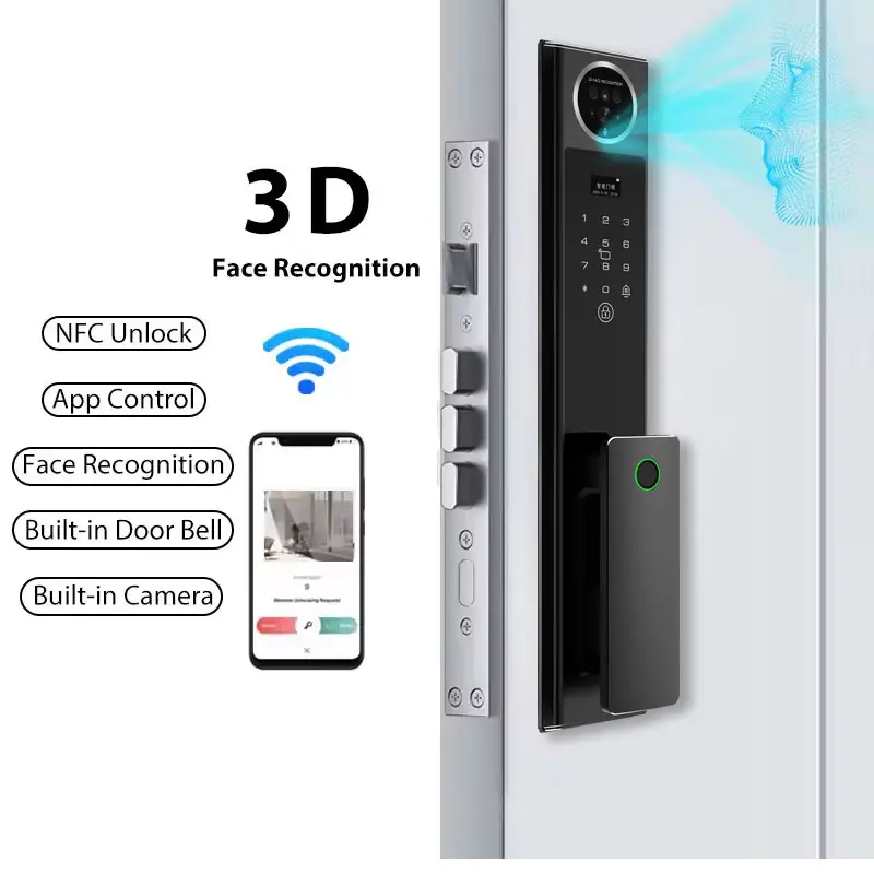 लकड़ी के दरवाजे के लिए तुया 3डी फेस रिकग्निशन फिंगरप्रिंट लॉक स्मार्ट इलेक्ट्रिक डोर लॉक, वाई-फाई पूर्ण स्वचालित डिजिटल डोर लॉक