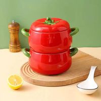 Bol à soupe à double anse en céramique, en forme de tomate, avec couvercle, pour nouilles instantanées, usage domestique et dortoir étudiant, compatible micro-ondes