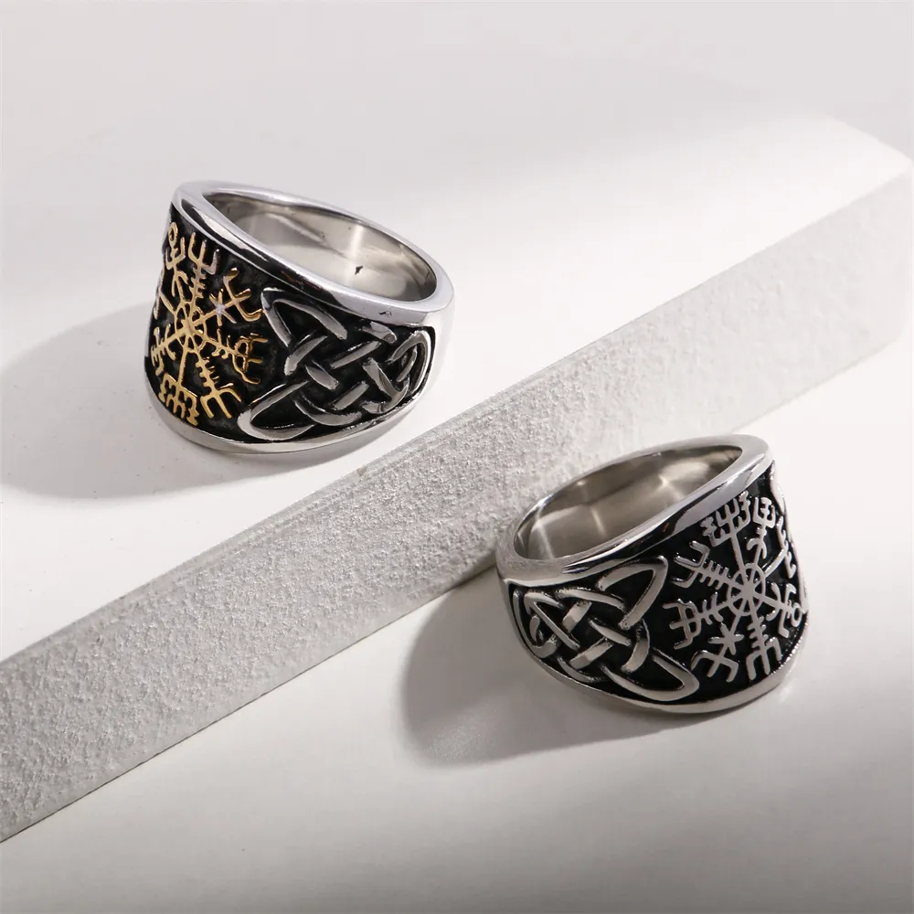 Anillos góticos Punk Rock para hombre, joyería Unisex con plantas de plata dorada, amuleto de runas, brújula, anillo de acero inoxidable sin deslustrar