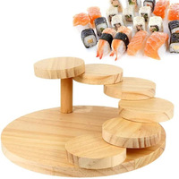 Plateau de service rond en bois Marches rotatives créatives Assiette d'escalier Assiette à sushi en bois ronde plateaux pour base de support à gâteau en bois
