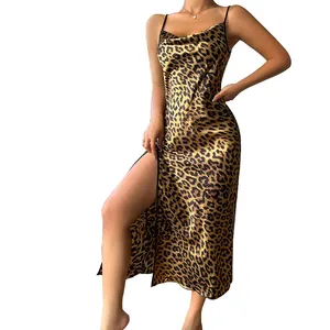 Camisón de leopardo sexy para mujer, lencería caliente, ropa de dormir, correa de espagueti, cuello vuelto, elegante, largo, vestido de noche de seda satinada