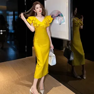 Zyht 30502 Lotus Leaf Ruffle bay tay áo sexy bên giản dị Dresses v-cổ dệt kim đàn hồi sáng màu vàng Đầm