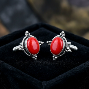 Boutons de manchette en argent plaqué, faits à la main, avec pierres précieuses de corail rouge italien - Product Image 3