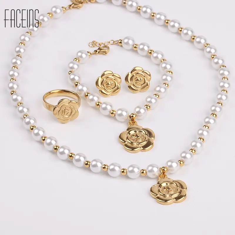FACEINS 18K Gold Plated Elegant Pearl Beaded Stainless Steel Flower Women Rose Bridal Jewelry Set