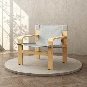 Poltrona in Legno di Quercia con Braccioli Larghi, Stile Mid-Century, Rivestimento in Lino, Struttura in Legno Massello, Sedia per Soggiorno - Product Image 2