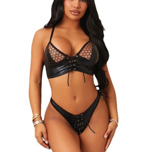 Sexo exótico maduro seductor mujeres señoras ropa interior bragas Sexy látex Pvc negro caliente chica Fishnet cuero sujetador conjunto Lencería - Product Image 5
