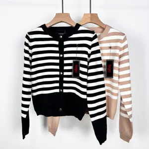 Custom Oem Odm Fashion Button Black And White Stripes Women Office Clothing Women Cardigan Knitwear