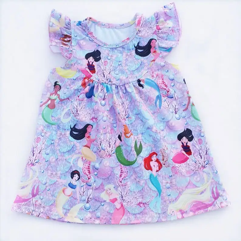 Wholesale Casual Style Baby Girls Mermaid Print Pearl Tunic Tops Flutter Sleeves Ruffle T Shirts Fancy Tops for Girls