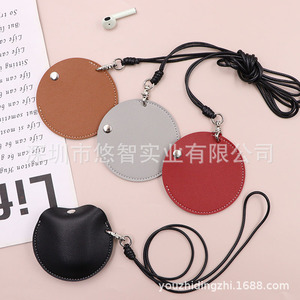Leather Bluetooth earphone bag with lanyard, neck strap, coin <b>purse</b>, round earphone storage bag, small pocket. - Product Image 4