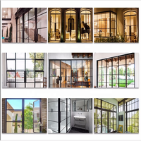 Puerta Batiente de Acero con Arco, Acero al Carbono de Alta Gama, Ventanas con Diseño Gráfico, Puertas Francesas con Marco Delgado de Vidrio, Resistentes al Agua, Ideales para Hoteles