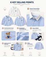 Chemise Oxford Garçon 2026 à Manches Longues en Coton, Boutonnée, Broderie Ours, Décontractée, Style Preppy, Légère, pour Uniforme Scolaire et Usage Quotidien