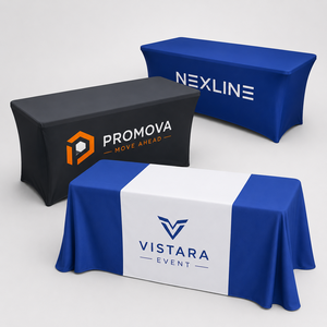 Housse de table ajustée personnalisée avec logo, impression numérique sur polyester, housses de table publicitaires ajustées pour stands de exposition - Product Image 1