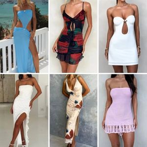 Robe mini sexy pour femmes d'été, bretelles spaghetti, transparente, patchwork, maille, multicolore, mince, coton mélangé - Product Image 6