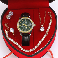 Ensemble de bijoux de luxe pour femmes, 5 pièces, avec boîte cadeau en forme de cœur, collier solitaire en cristal, boucles d'oreilles, bague, bracelet tennis, montre chronographe