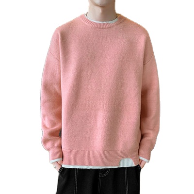 Высококачественный Свободный Однотонный мужской пуловер из двух частей с круглым вырезом