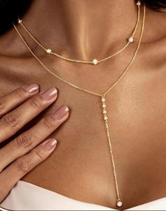 Exquisita Cadena de cuentas en capas chapada en oro de 14K, cadena de labios, collar cruzado de perlas CZ, collar largo delicado en Y, regalos para mujeres - Product Image 5