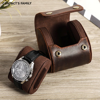 Kotak Jam Tangan Kulit Asli Mini untuk 1 Jam Tangan Tunggal dengan Bantal Terpisah, Organizer Jam Tangan Portabel Kecil untuk Perjalanan Pria