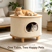 Lit pour chat et table d'appoint 2-en-1 de luxe confortable, dessus en bois massif rectangulaire, abri respirant pour animaux de compagnie, décoration de salon, emballé en carton