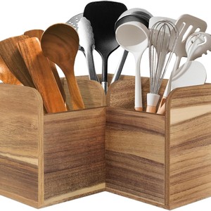 Organizador de Utensilios de Cocina de Madera, Caja de Almacenamiento de Esquina con Múltiples Compartimentos, Tipo Vertical, Diseño Minimalista, Color Madera Natural - Product Image 1