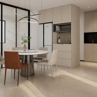 Meubles de cuisine modulaires écologiques et modernes de couleur crème |   Design beige sans poignée |   Écran LED en verre à lumière chaude |   Table asymétrique |
